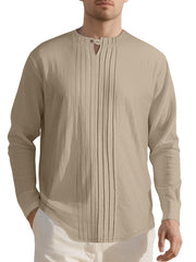 Khaki Men's Casual Pleated Long Sleeve Shirt Plus Size