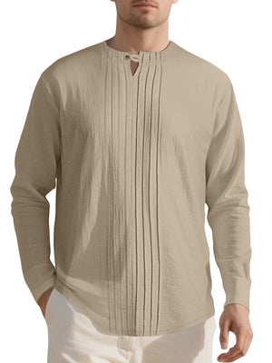Khaki Men's Casual Pleated Long Sleeve Shirt Plus Size