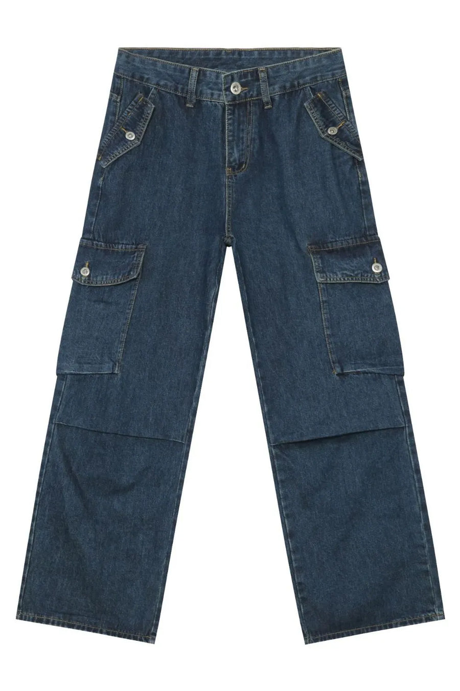 Denim palazzo cargo pants in dark blue with multiple pockets and a baggy fit.