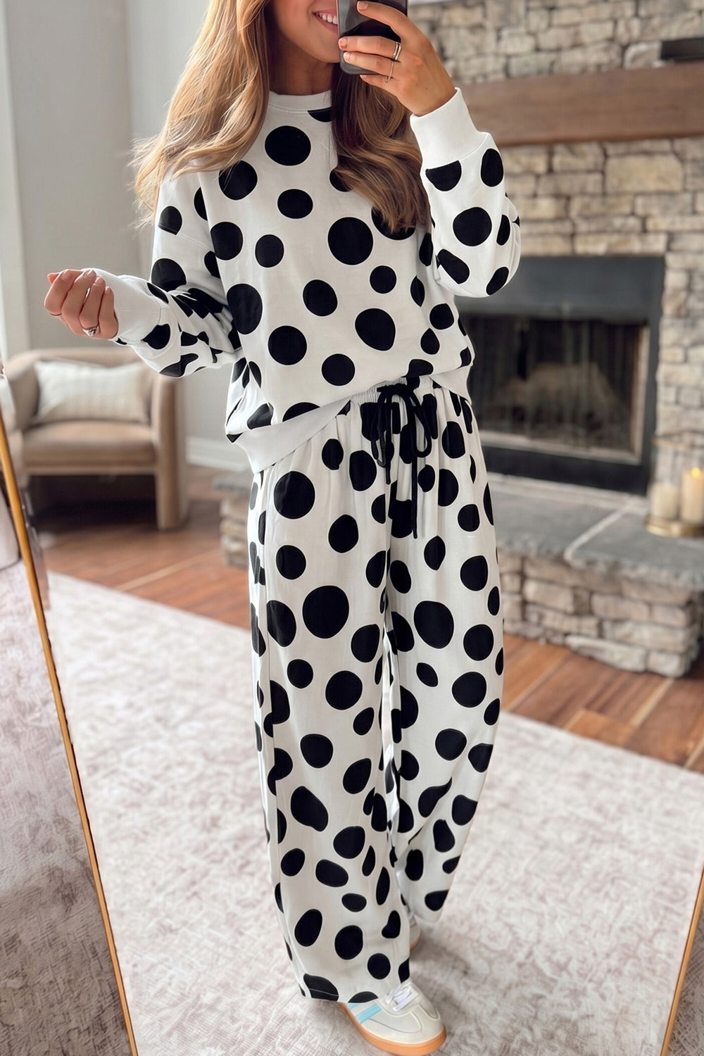 white pajama set with polka dot and crew neck