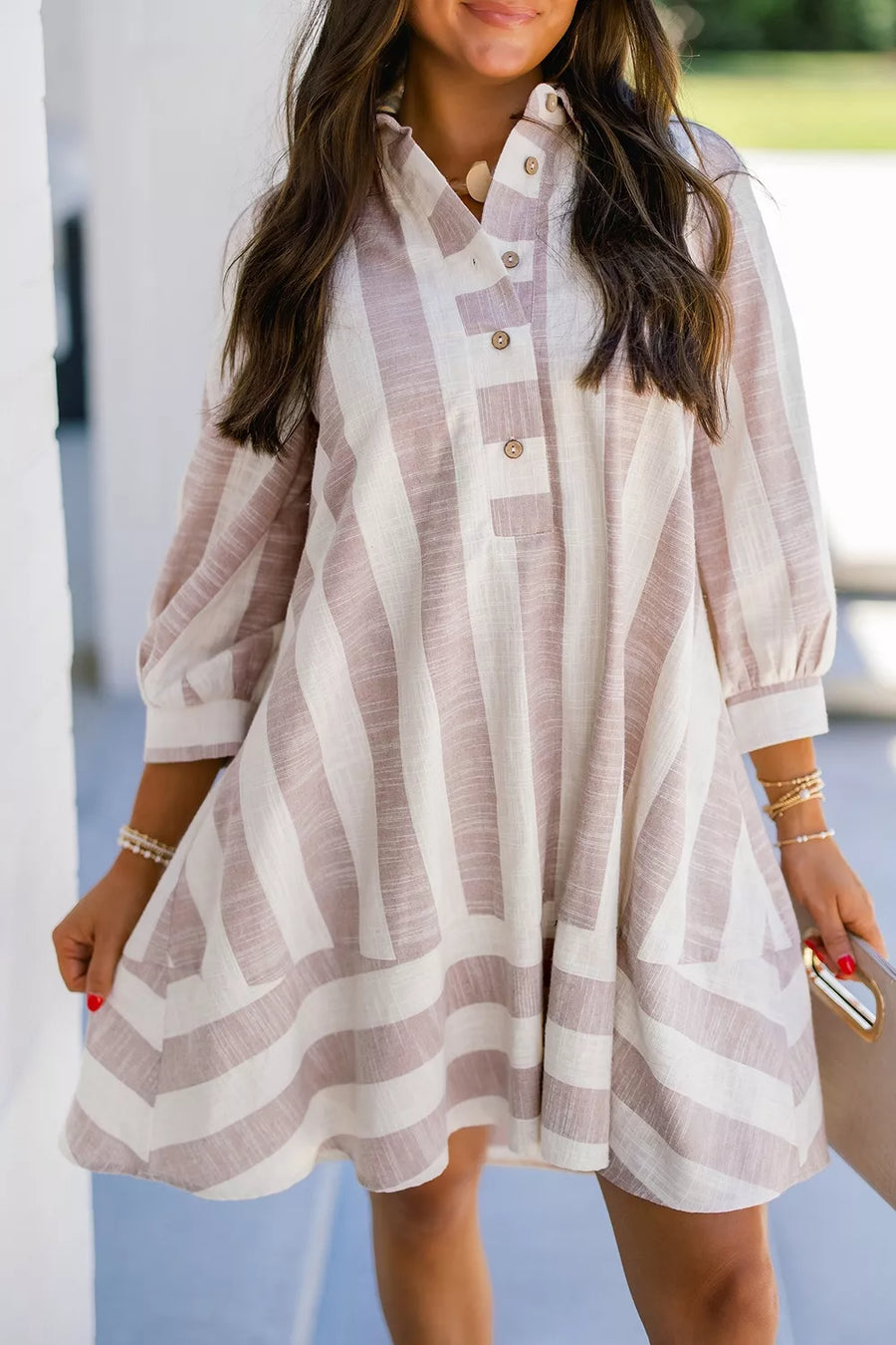 Dust Storm with Striped Button-up Three-quarter Sleeve Shift Dress