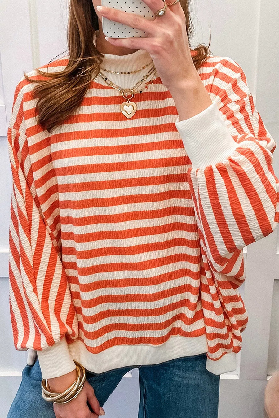Striped Textured Stand Neck Oversized Shirt option 3