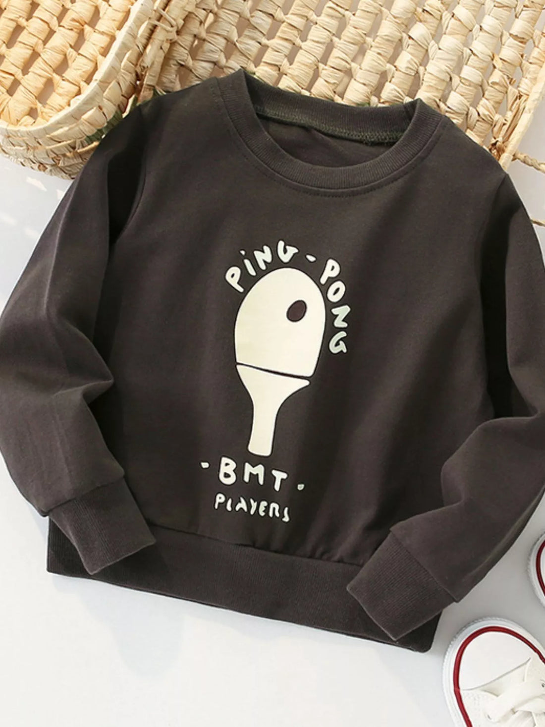 Coffee brown baby sweatshirt with ping pong graphic and text.