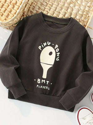 Coffee brown baby sweatshirt with ping pong graphic and text.