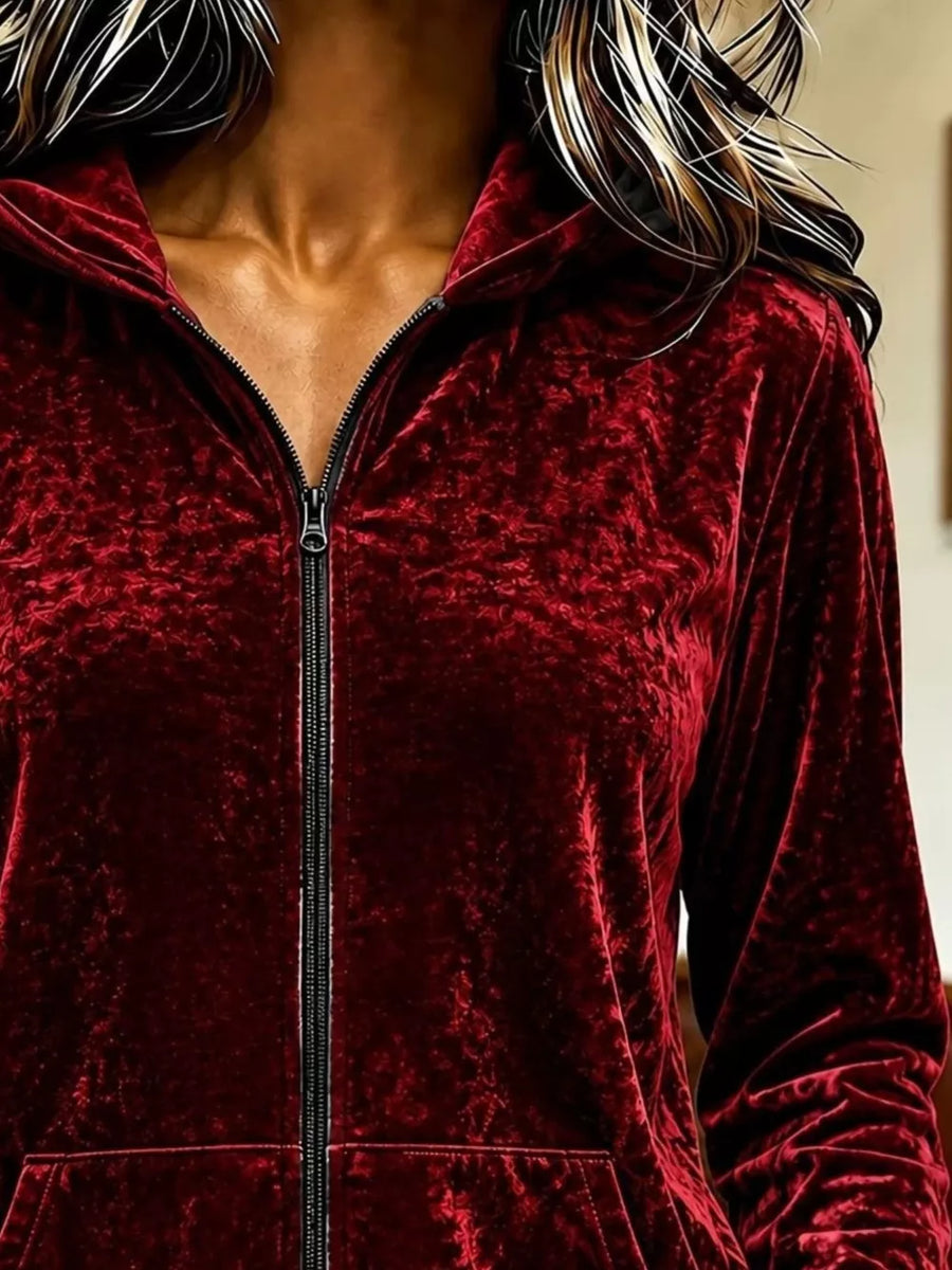 Velvet Zip-up Hoodie in Burgundy