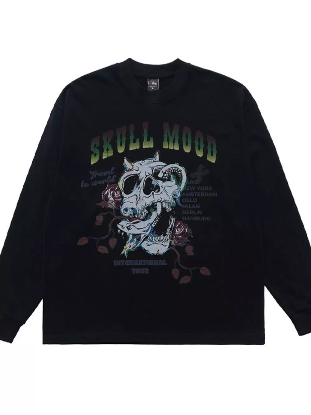 Black long sleeve t-shirt with skull and snake graphic, roses, and text.
