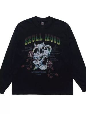 Black long sleeve t-shirt with skull and snake graphic, roses, and text.