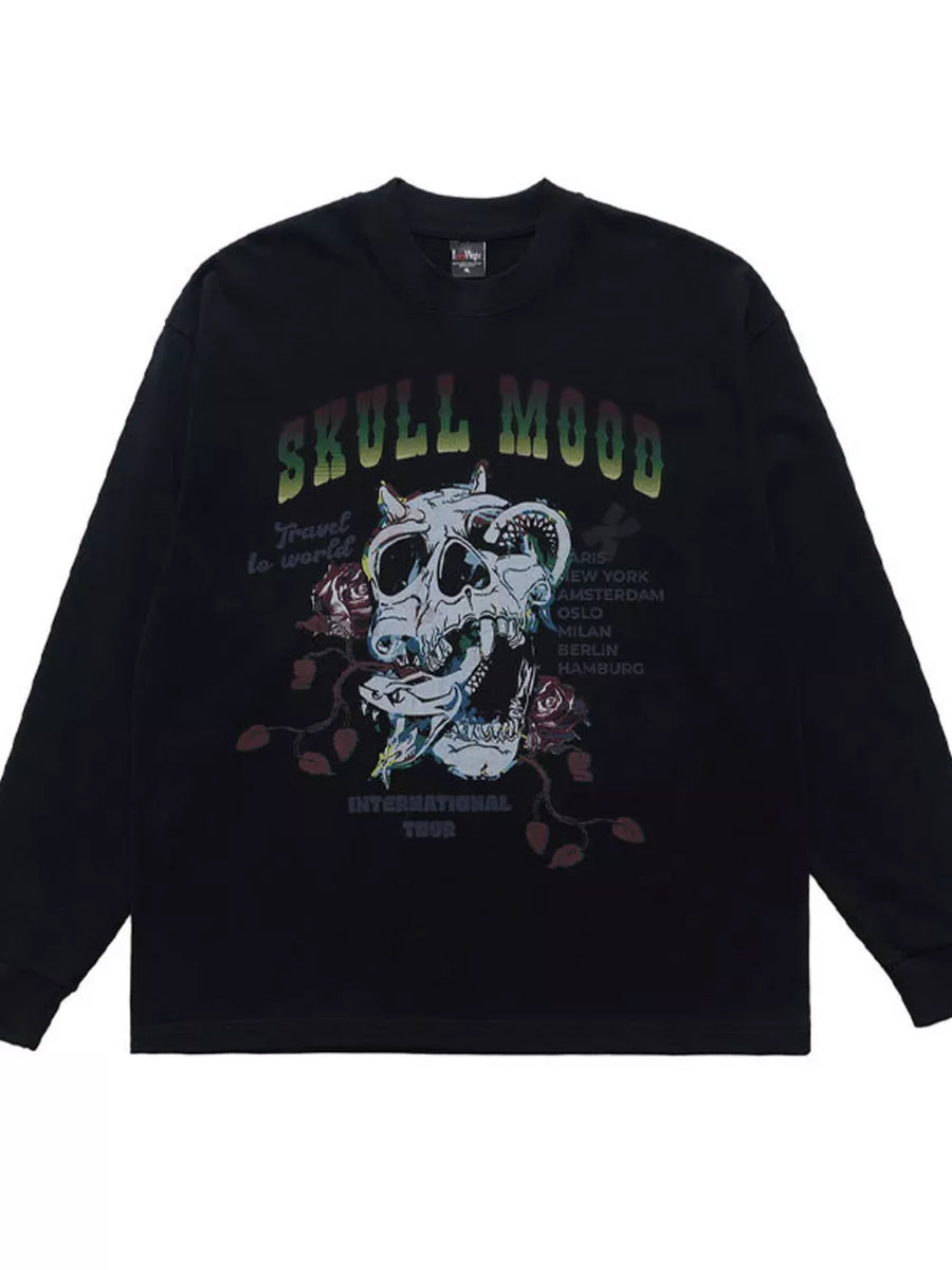Black long sleeve t-shirt with skull and snake graphic, roses, and text.