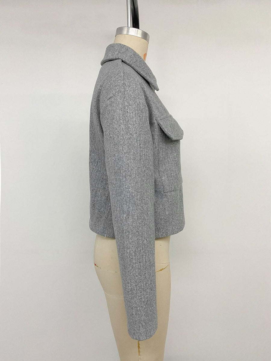 Zip Up Cropped Shacket With Flap Pockets in slate gray