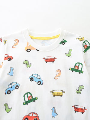 White cotton t-shirt with cartoon cars and dinosaurs print, crew neck.