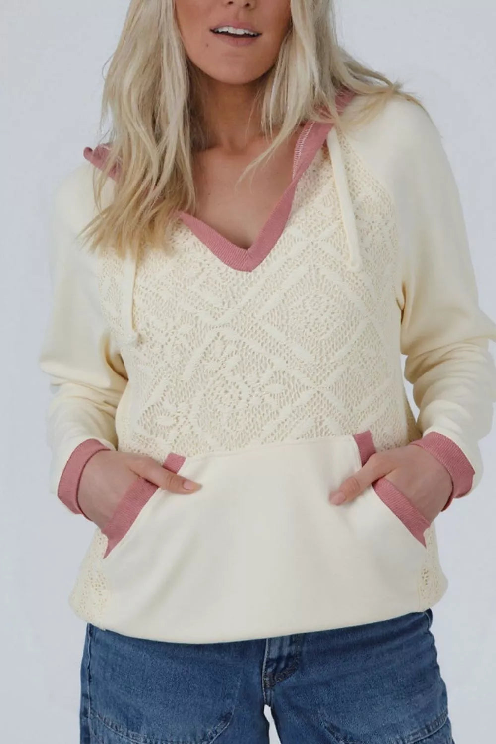 dusty rose pullover hoodie featuring drawstring and geometric