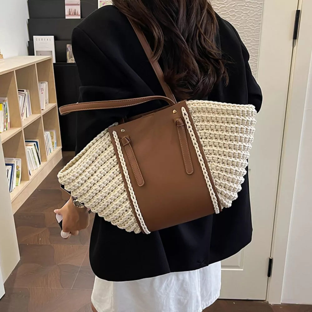 Straw weaving Imported Size &amp tote in camel with structured silhouette