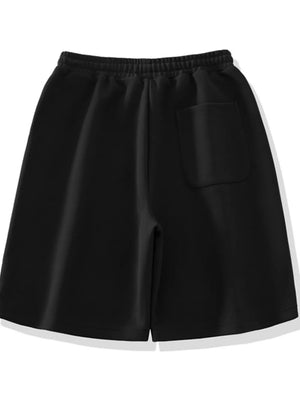 Black sweat shorts with elastic waist and single back pocket.