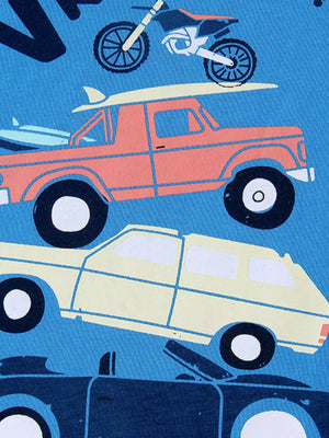 Blue t-shirt with graphic print of a red truck with surfboards, a yellow station wagon, and a dirt bike.