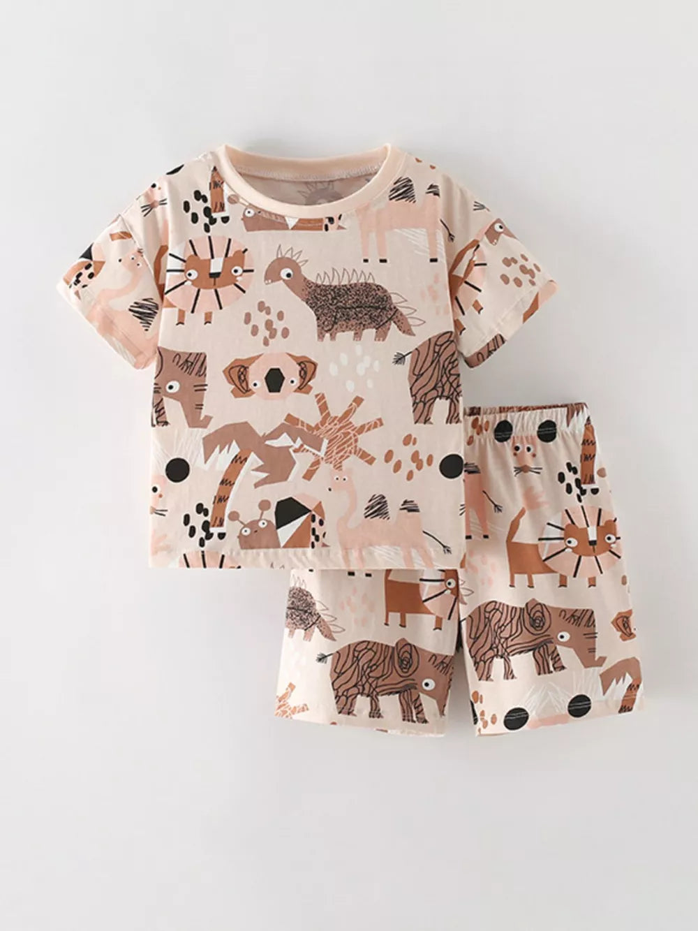 Toddler cotton animal print tee and shorts set with dinosaurs, lions, elephants, and koalas.