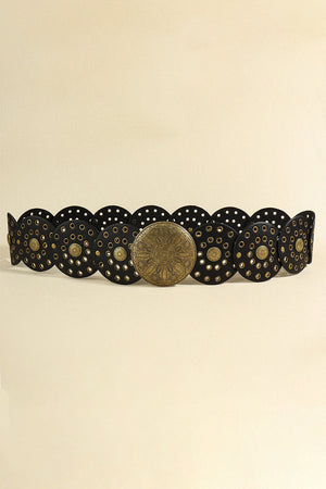 Black leather belt with embossed medallions and studded circular cutouts