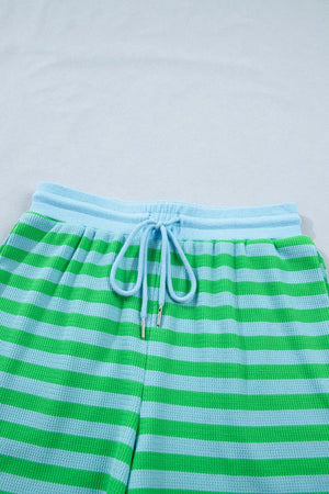 Striped shorts in green and light blue with drawstring waist
