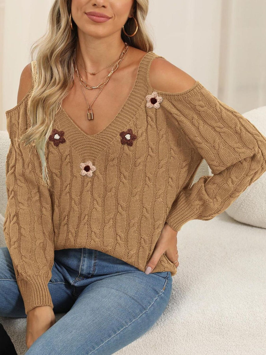 Military Green pullover sweater with cold shoulder and long sleeve