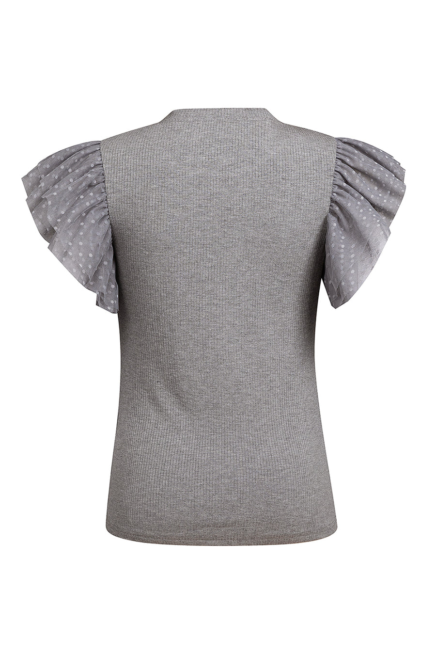 Dark gray ribbed blouse with textured puff sleeves and polka dot sheer fabric.