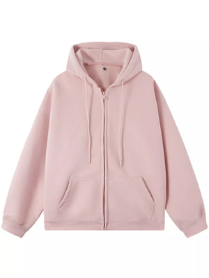 Pink casual zip-up hoodie with drawstring hood and front pockets.