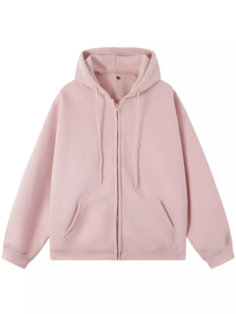 Pink casual zip-up hoodie with drawstring hood and front pockets.