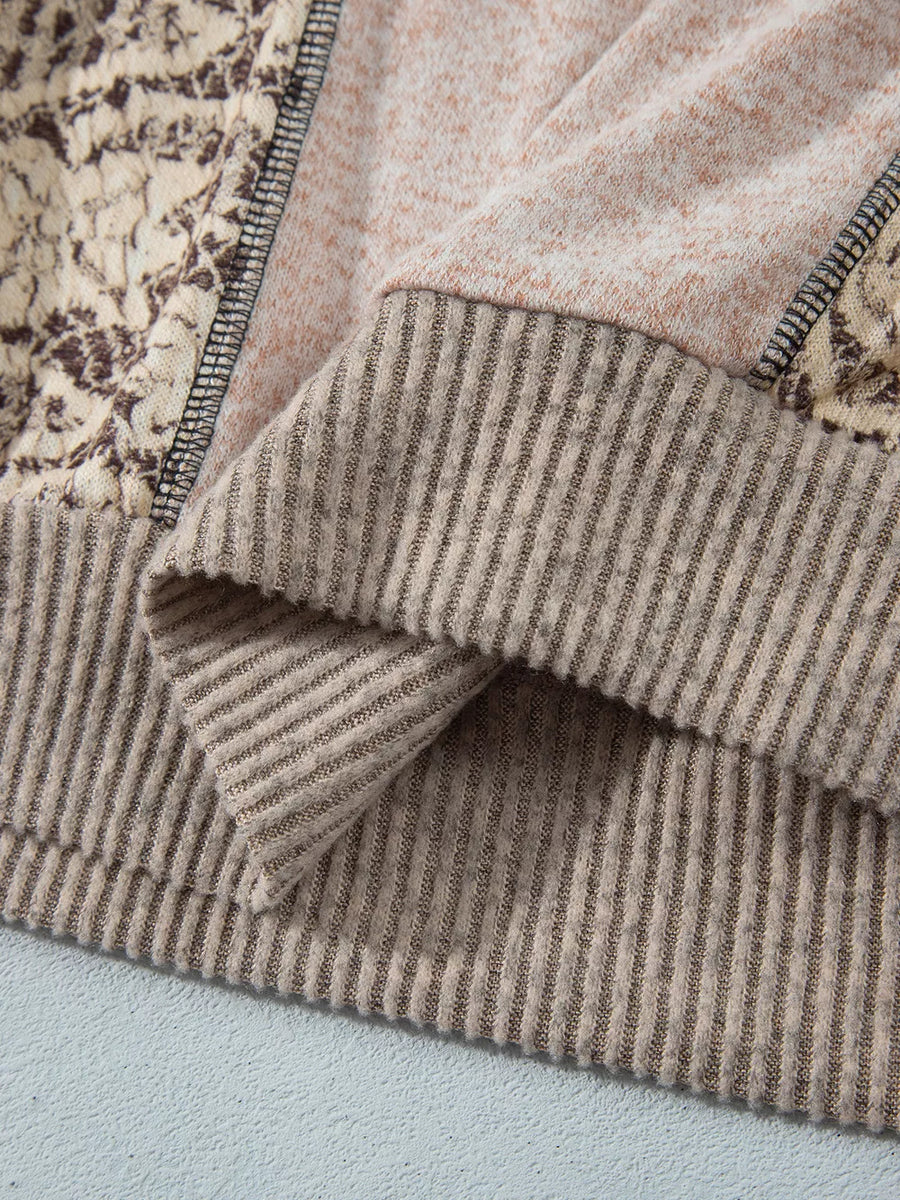 blouse in beige with ribbed cuffs and hip-length