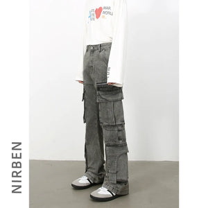 Acid wash flared cargo jeans in medium, featuring multiple pockets and a relaxed fit.