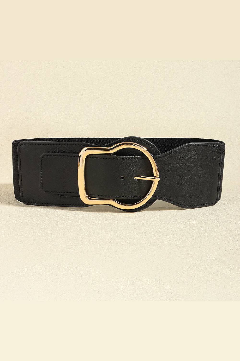Black elastic waist belt with a sculpted gold buckle and faux leather front.