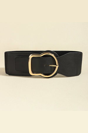 Black elastic waist belt with a sculpted gold buckle and faux leather front.