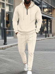 Beige textured quarter-zip hoodie and drawstring pants loungewear set