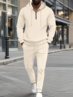 Beige textured quarter-zip hoodie and drawstring pants loungewear set