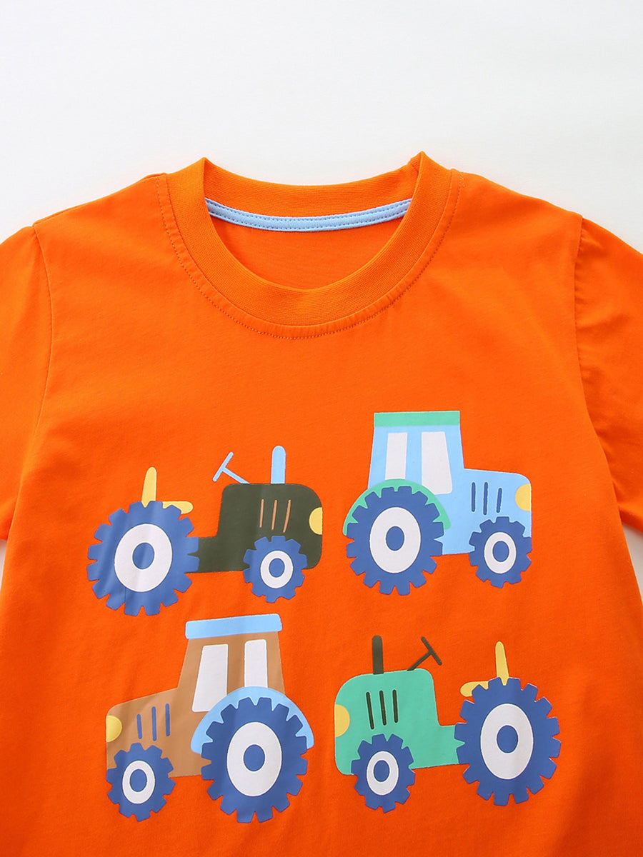 Orange cotton t-shirt with a playful tractor print for boys.