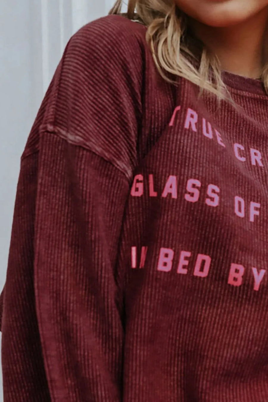 Wine corduroy sweatshirt with pink text detail
