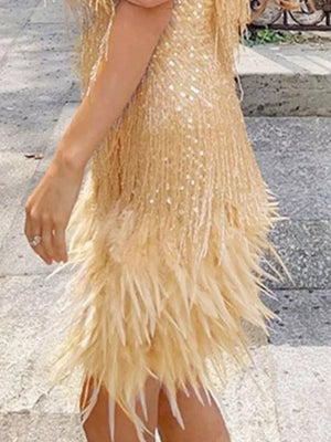 Gold sequin mini dress with feather trim, sleeveless, crew neck.