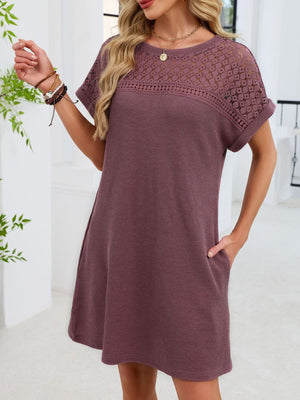Mauve t-shirt dress with short sleeves and a sheer lace yoke detail.