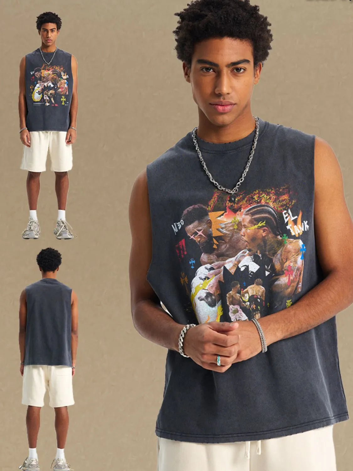 Vintage graphic muscle tank top in black with bold print, crew neck, sleeveless.