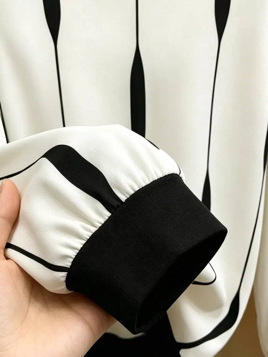 White with Contrast Vertical Stripe Long Sleeve Blouse in White