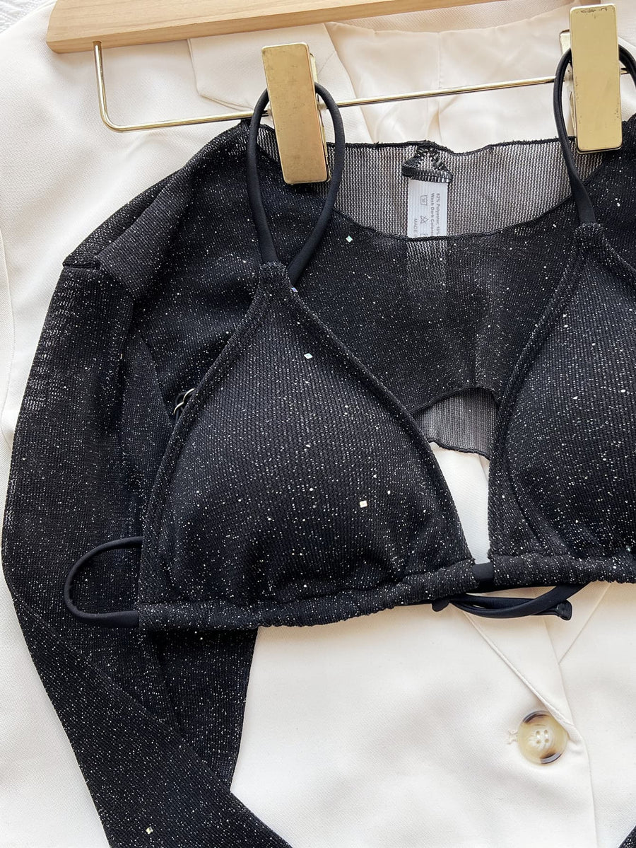 Black glitter mesh bikini set with matching bolero, featuring triangle cups and adjustable ties.