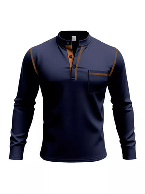 Navy blue long sleeve henley t-shirt with button placket, contrast trim, and chest pocket.