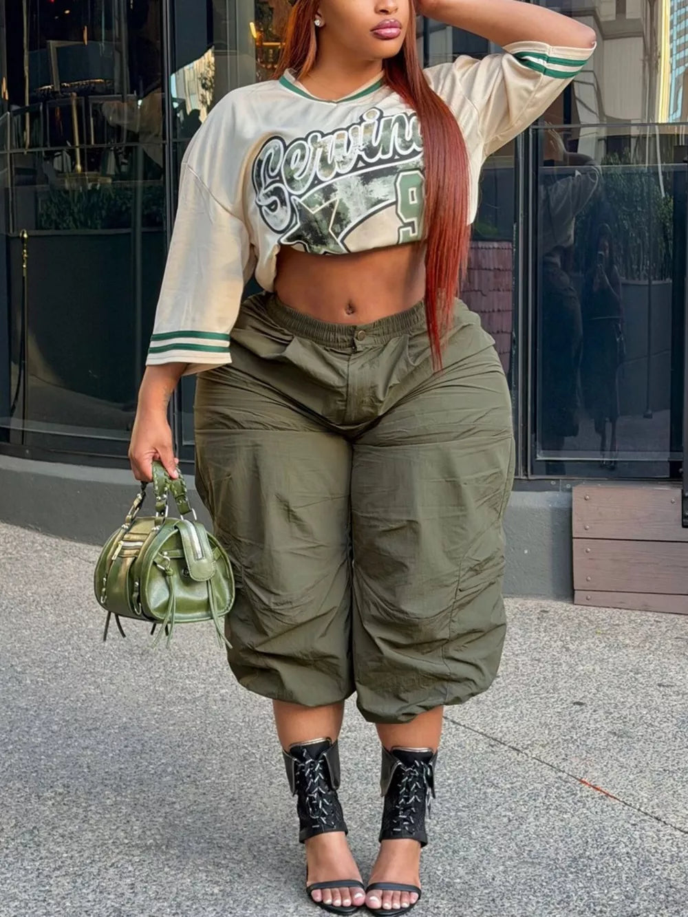 Army Green with Baggy Cargo Cropped Pants