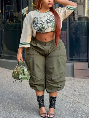 Army Green with Baggy Cargo Cropped Pants