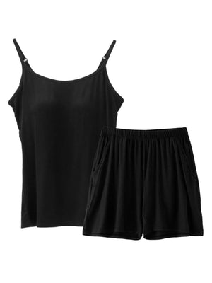 Black adjustable strap cami and elastic waist shorts pajama set with pockets.