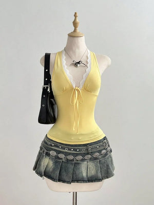 Yellow with Lace Detail Halter Neck Cami in Yellow