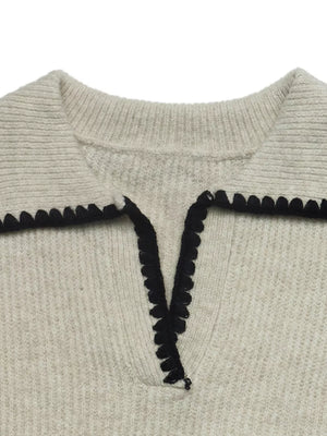 cream pullover sweater with contrast trim and long sleeve
