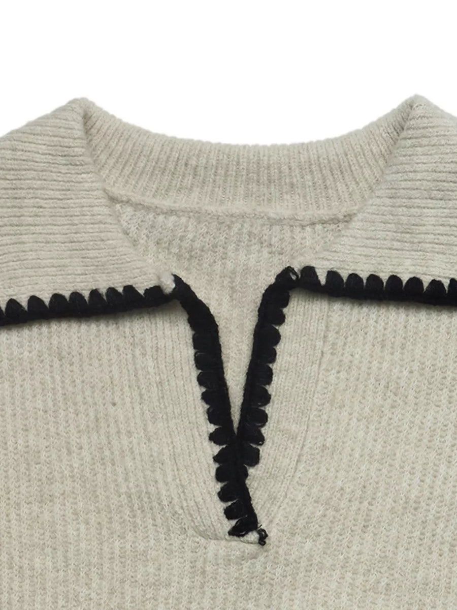 cream pullover sweater with contrast trim and long sleeve
