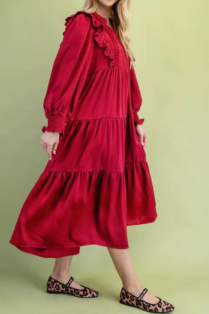 Solid Color Ruffle Trim Tiered Midi Dress option 4