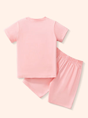Pink toddler tee and shorts set with elastic waistband and swan print detail.