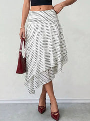 White Polka Dot Asymmetrical Hem Midi Skirt