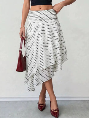 White Polka Dot Asymmetrical Hem Midi Skirt