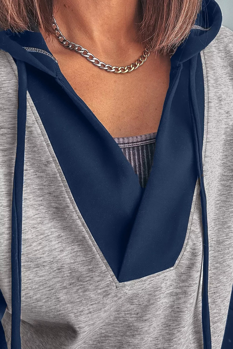 Gray with Color Block V Neck Drawstring Hoodie in Gray